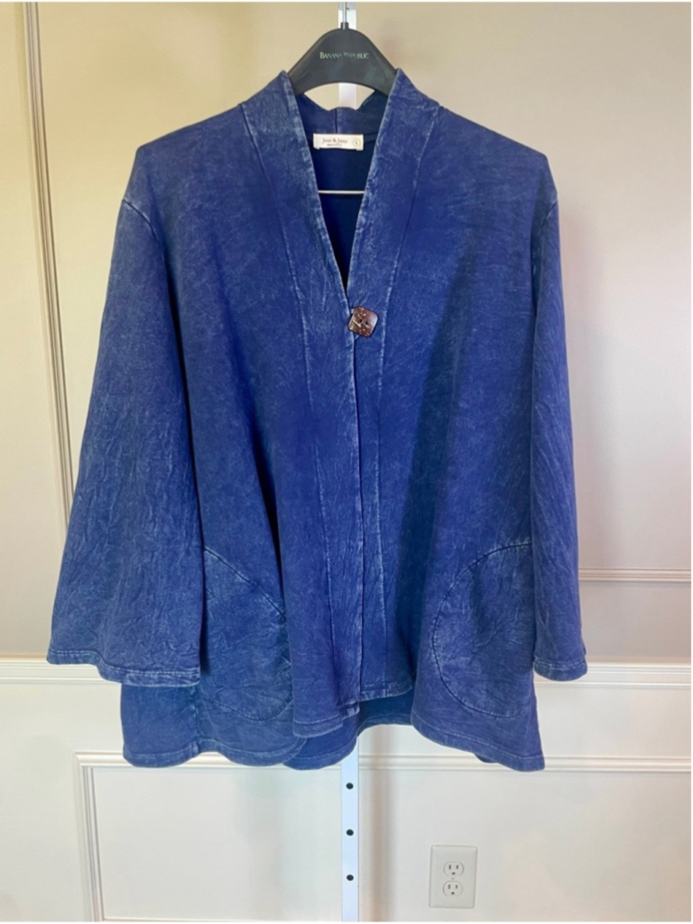 Jess & Jane Mineral Washed Open Cardigan Blue Large Soft Swing Button Jacket